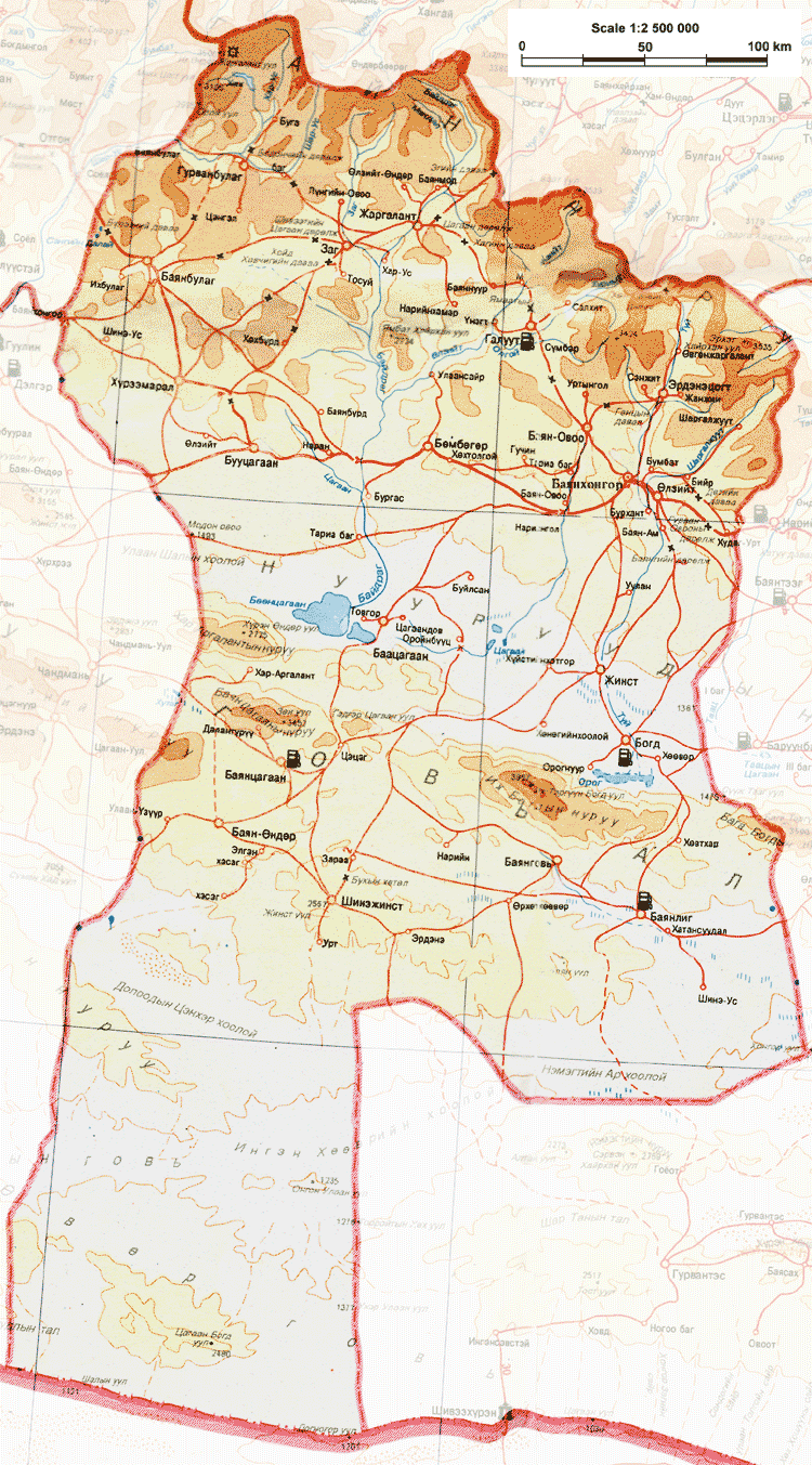 Карта Баян-Хонгор аймака Монголии.