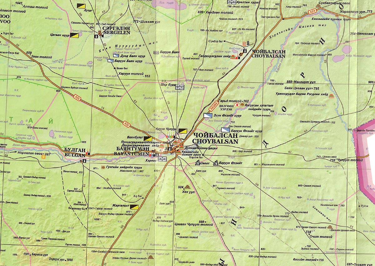 Карта окрестностей города Чойболсан. Дорнод аймак.