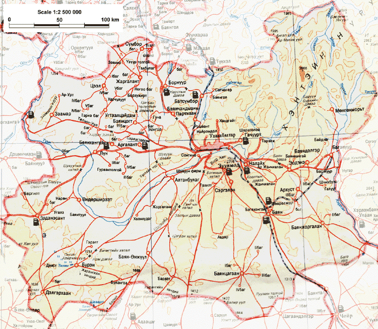 Карта Центрального аймака Монголии.